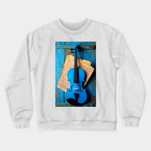 Blue Violin Hanging On Blue Wall Crewneck Sweatshirt by photogarry